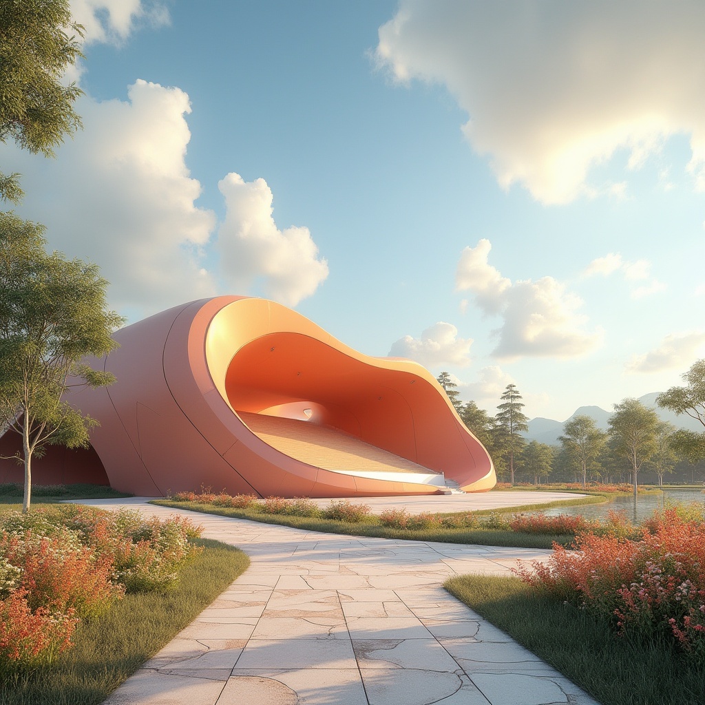 Prompt: Peach color stadium, unique architectural design, modern structure, curved lines, smooth exterior, warm atmosphere, natural lighting, afternoon sun, bright blue sky, fluffy white clouds, lush greenery surroundings, vibrant flowers, stone pavement, walking paths, panoramic view, 3/4 composition, soft focus, shallow depth of field.