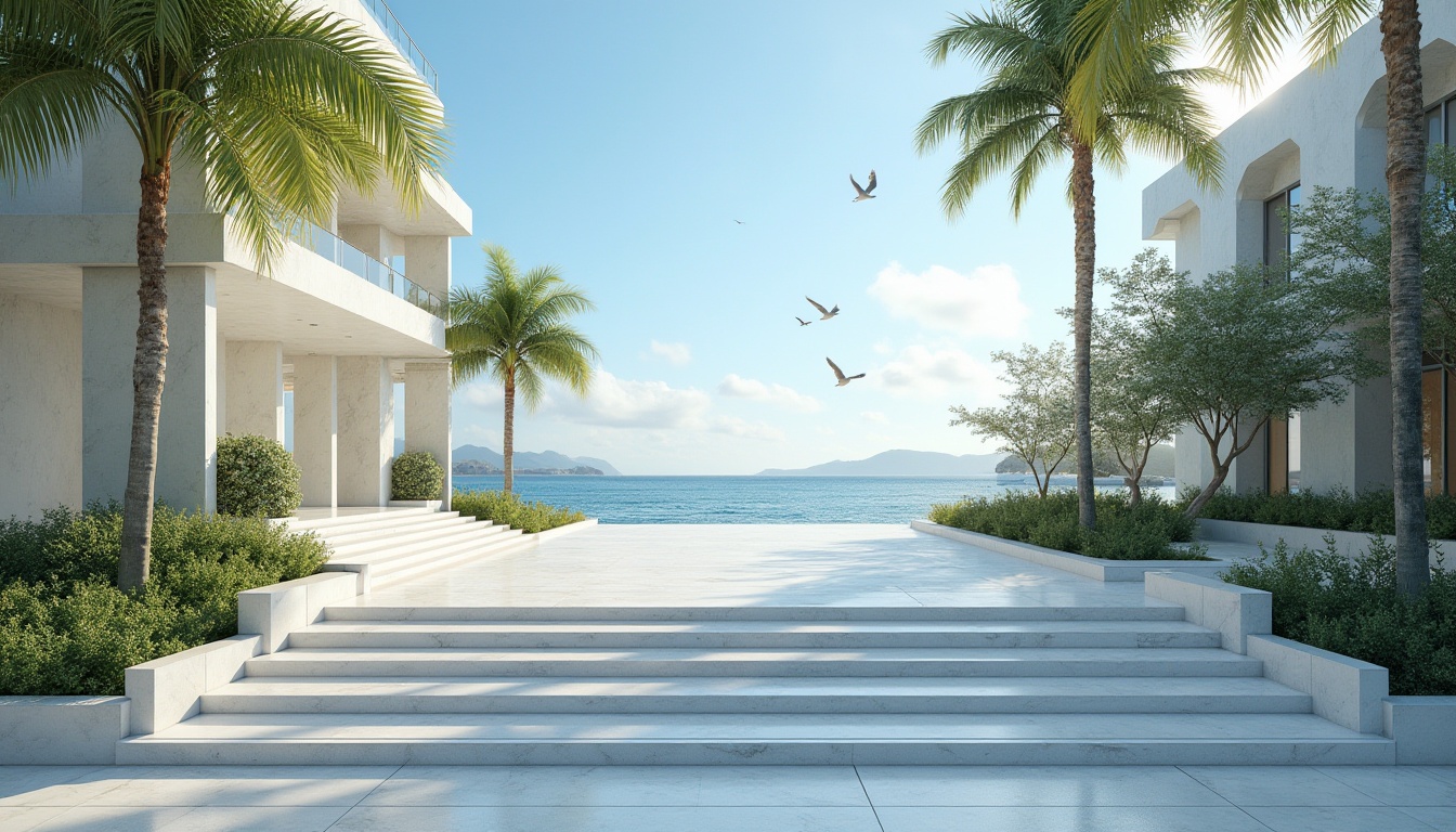 Prompt: Coastal campus, modern architecture, marble material, white pillars, grand entrance, steps leading to main building, tropical trees surrounding, blue ocean views, sunny day, clear sky, few seagulls flying overhead, gentle sea breeze, natural lighting, 3/4 composition, soft shadows, HDR, realistic texture.