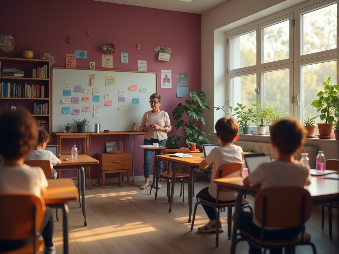 Prompt: Educational space, plum color walls, wooden desks, ergonomic chairs, inspirational quotes, green plants, softbox lighting, warm atmosphere, students studying, laptops open, books scattered, water bottles nearby, subtle background noise, natural light pouring through large windows, calm and focused mood, mature lady teacher standing, gentle smile, glasses perched on nose, short hair, professional attire, writing on whiteboard, colorful sticky notes, educational posters, bookshelves filled with textbooks.