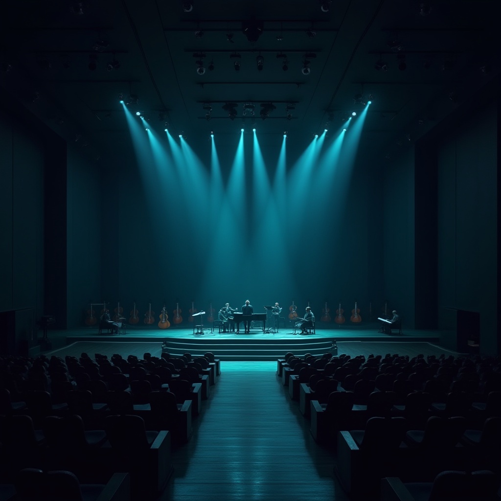 Prompt: Concert house, modern architecture, dark cyan color scheme, sleek lines, geometric shapes, minimalist design, LED stage lighting, spotlights, audience seating, wooden floor, soundproof walls, grand piano, acoustic instruments, performer on stage, dramatic shadows, low-key lighting, 3/4 composition, cinematic mood, urban cityscape, night scene.