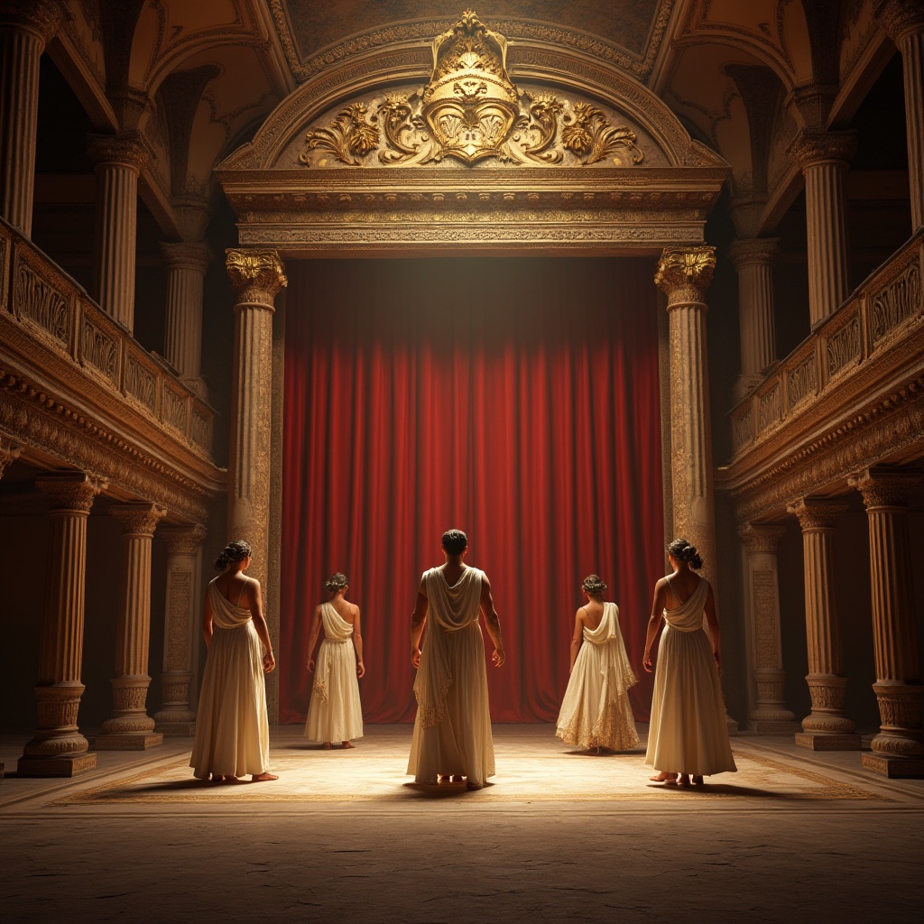 Prompt: Ancient Byzantine theater, ornate sandstone architecture, grandiose columns, intricate carvings, golden mosaics, dimly lit ambiance, warm spotlights, red velvet curtains, gilded ornaments, ornamental masks, majestic stage, dramatic character poses, flowing white togas, laurel wreaths, subtle shadows, soft focus, cinematic composition, warm color palette.