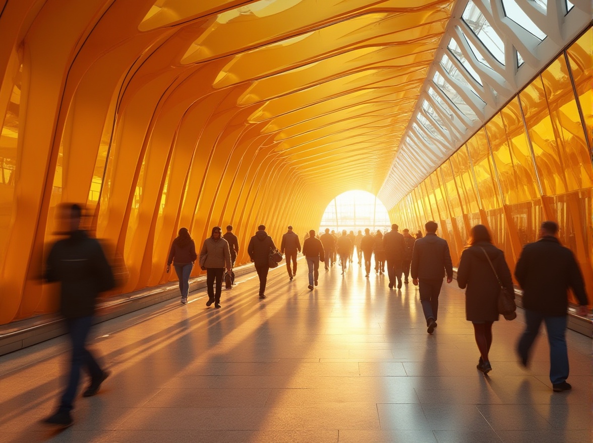 Prompt: Modern tram station, futuristic architecture, Ocher color scheme, vibrant orange-yellow tones, sleek lines, minimalist design, large windows, natural light, urban atmosphere, busy commuters, rush hour, morning sunlight, shallow depth of field, blurred motion, dynamic composition, warm ambient lighting, 3/4 view, overhead shot.