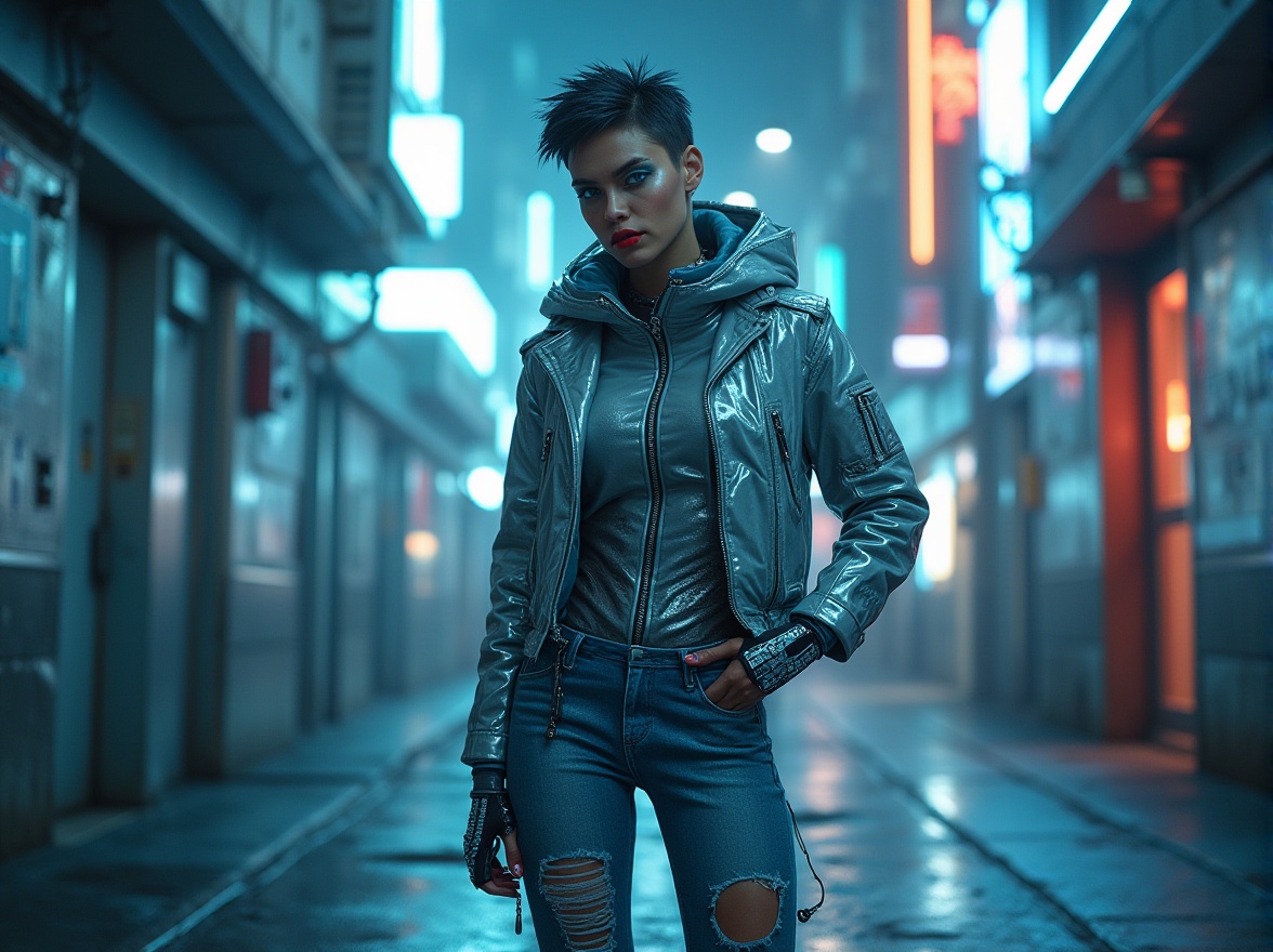 Prompt: High-tech futuristic lady, standing, metallic background, neon lights, sci-fi atmosphere, shiny silver fabrics, PVC leather jacket, ripped denim pants, lace gloves, stiletto boots, robotic accessories, glowing blue eyes, short spiky hair, bold red lipstick, confident pose, low-angle shot, cinematic lighting, 3/4 composition, reflective surfaces, urban cityscape, skyscrapers.