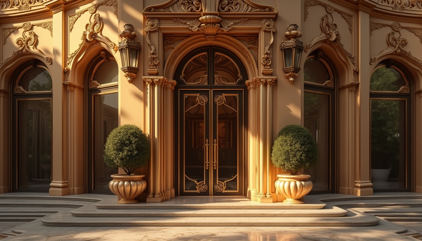 Prompt: Bronze-colored building, luxurious villa, modern architecture, grand entrance, ornate bronze door handles, metallic sheen, reflective surface, warm ambient lighting, afternoon sun, dramatic shadows, 3/4 composition, low-angle shot, detailed texture, intricate patterns, marble floors, lavish interior design, regal atmosphere, elegant columns, symmetrical facade, urban landscape, cityscape background.