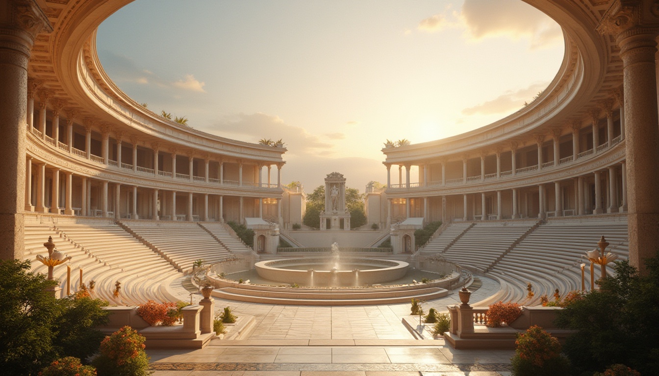 Prompt: Ancient Greek-inspired stadium, majestic colonnade, Doric columns, ornate frieze, grandiose arches, sweeping curves, gleaming white marble, subtle shadows, warm golden lighting, dramatic sunset, vast open spaces, lush greenery, tiered seating, intricate mosaics, ornamental fountains, imposing statue, heroic sculptures, atmospheric mist, cinematic composition, wide-angle shot, symmetrical framing.