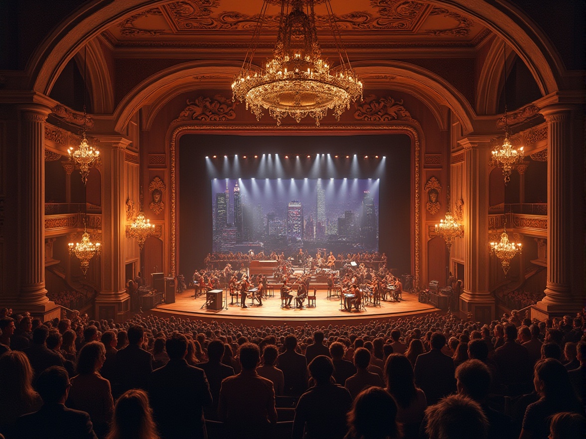 Prompt: Urban concert house, modern architecture, granite material, luxurious interior, grand staircase, ornate chandeliers, high ceiling, detailed carvings, spotlights, evening scene, warm lighting, people gathering, musical instruments, stage performance, cityscape background, skyscrapers, busy streets, night view, cinematic composition, low angle shot, dramatic lighting, atmospheric mood.