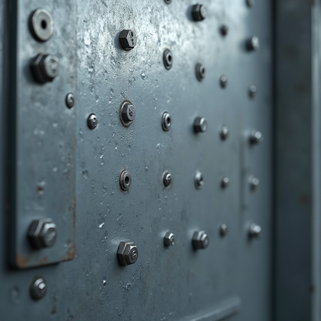 Prompt: Industrial background, galvanized steel, metallic texture, silver color, modern material, clean composition, shallow depth of field, close-up shot, slight reflection, subtle gradient lighting, realistic rendering, detailed surface, bolts and nuts, mechanical parts, urban cityscape, factory setting, minimalist aesthetic.