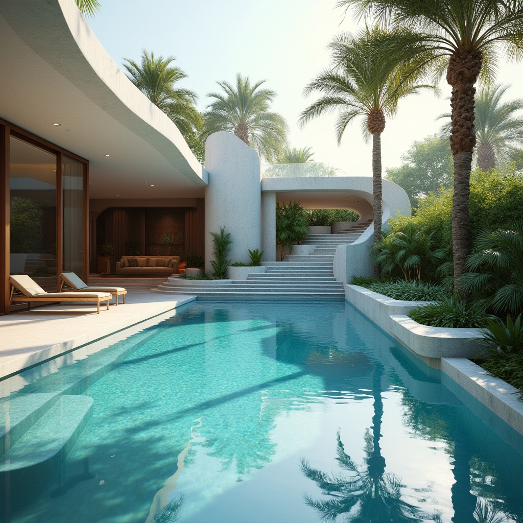 Prompt: Modern swimming pool, innovative design, plasticrete material, curved lines, futuristic architecture, vibrant blue water, sunken lounging area, stairs with built-in planters, surrounding tropical plants, palm trees, warm sunny day, dramatic shadows, 3/4 composition, soft focus background, realistic textures, ambient lighting, high contrast colors.