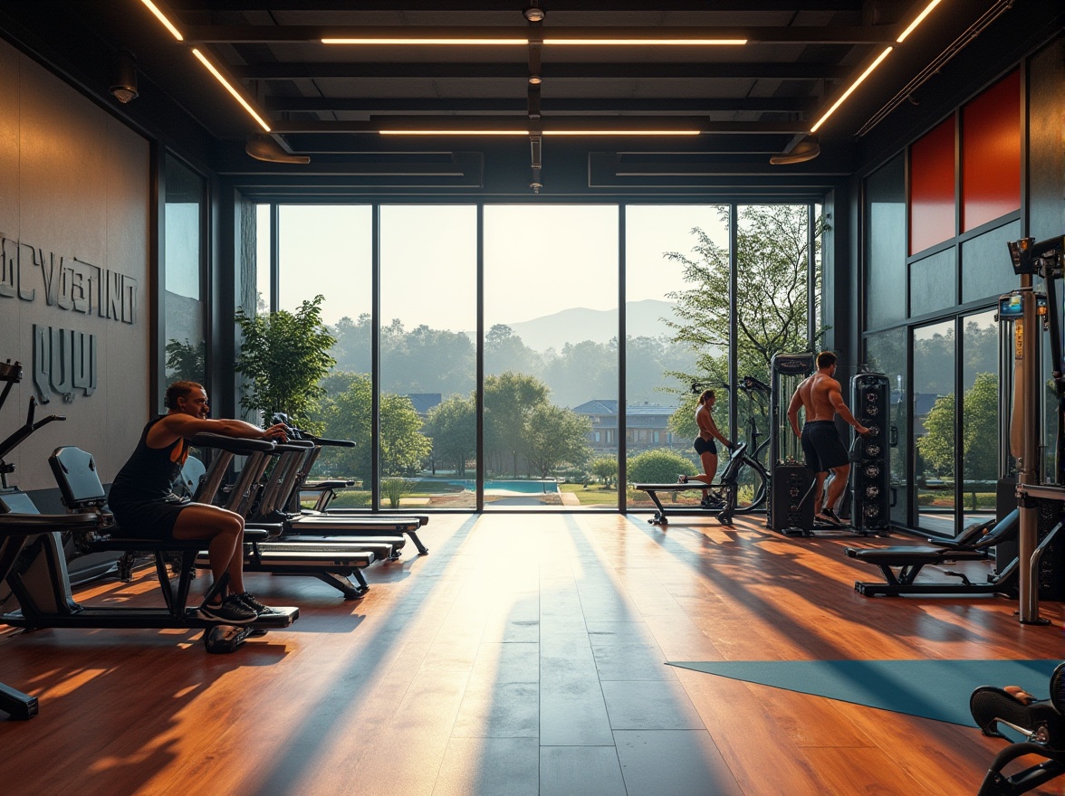 Prompt: Modern suburban gymnasium, futuristic architecture, sleek lines, glass walls, steel beams, minimalist interior, polished wooden floors, state-of-the-art fitness equipment, mirrored walls, dimmable LED lighting, motivational quotes on walls, athletic wear, sweat-drenched faces, intense workout sessions, morning sunlight streaming through windows, panoramic view of surrounding neighborhoods, lush greenery outside, vibrant color accents, geometric patterns on flooring.