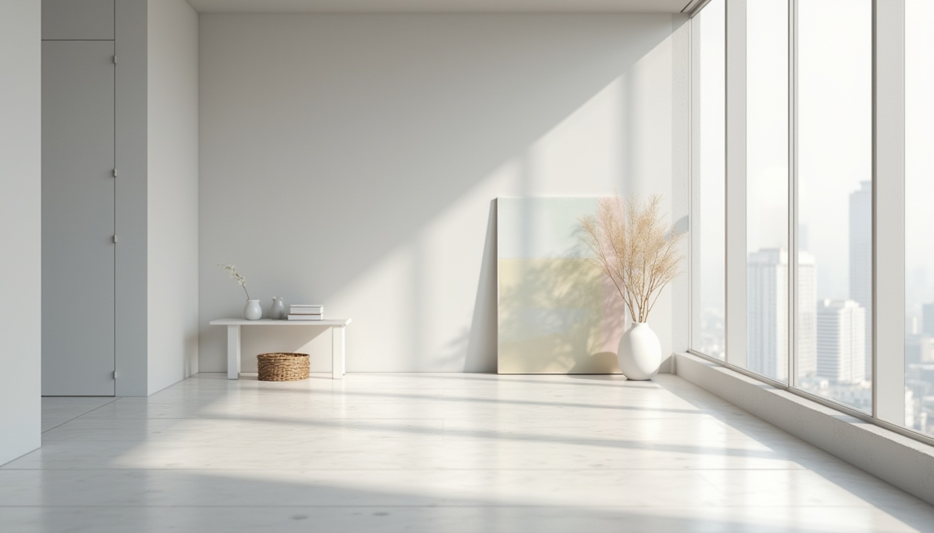 Prompt: Soft light gray walls, calming atmosphere, minimalist interior design, modern simplicity, empty space, few decorative objects, a single abstract art piece, gentle natural light, floor-to-ceiling windows, urban skyscraper view, morning mist, subtle shadows, 3/4 composition, soft focus, pastel color palette, relaxing ambiance, peaceful mood.