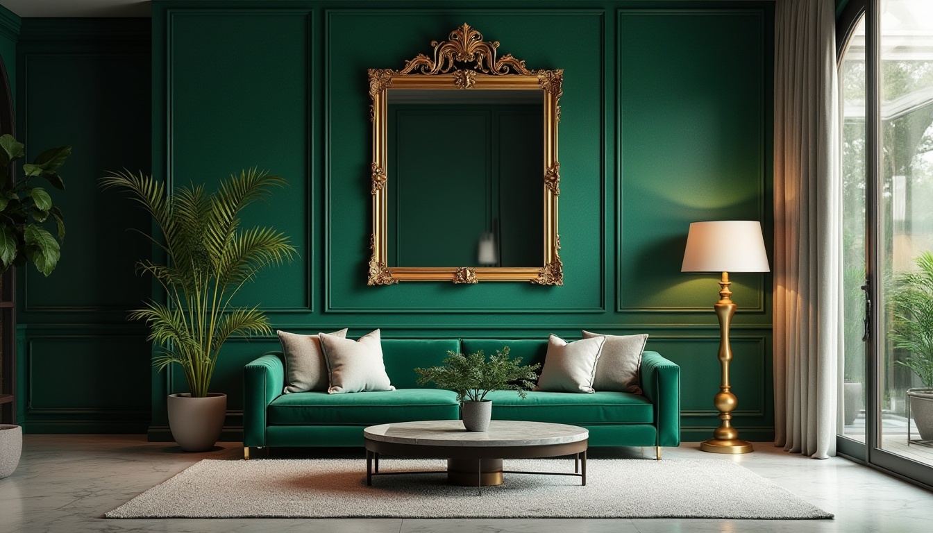 Prompt: Malachite green accent wall, luxurious interior, modern villa, living room, velvet sofa, golden frame, ornate mirror, marble coffee table, potted plants, floor lamp, softbox lighting, warm atmosphere, 3/4 composition, shallow depth of field, elegant, sophisticated, realistic, cinematic.