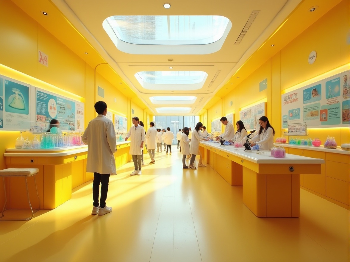 Prompt: light yellow walls, modern science center, futuristic architecture, glass ceilings, sleek lines, minimalist decor, interactive exhibits, educational posters, laboratory equipment, beakers, test tubes, microscopes, students in lab coats, curious expressions, bright ambient lighting, soft shadows, 3/4 composition, warm color tone.