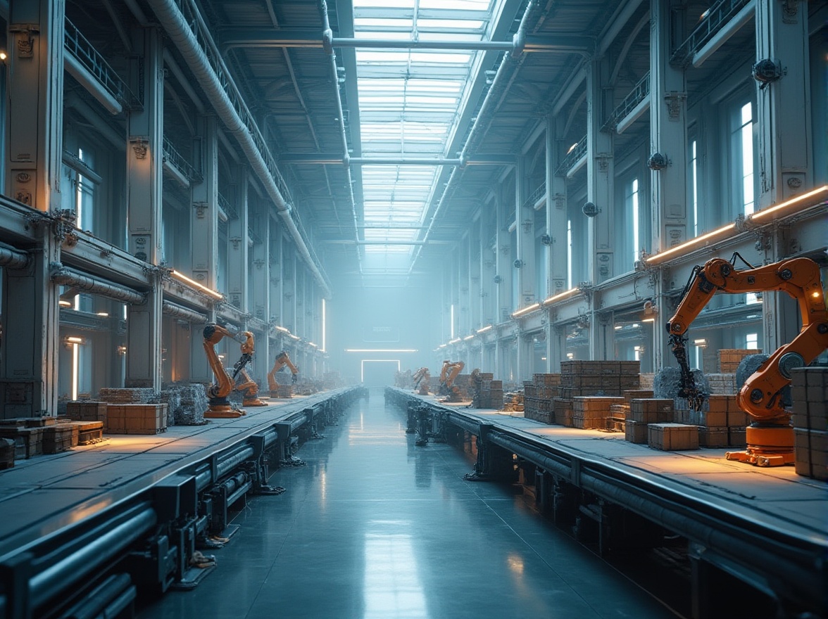 Prompt: Modern distribution center, futuristic architecture, sleek lines, metallic materials, LED lights, automated systems, robotic arms, conveyor belts, tall ceilings, minimal decorations, industrial chic, urban cityscape, morning mist, softbox lighting, 3/4 composition, shallow depth of field, cinematic ambiance.