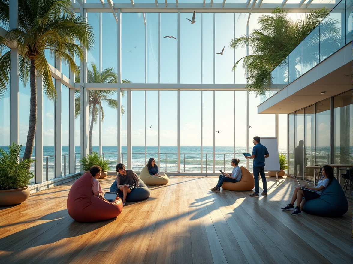 Prompt: Coastal campus, constructivist architecture, modern university building, glass walls, steel frames, minimalist interior design, wooden floors, bright natural light, students sitting on bean bags, laptops open, discussing in groups, professor standing by whiteboard, tropical plants, palm trees, ocean view, waves crashing, seagulls flying overhead, sunny day, clear blue sky, warm atmosphere, 3/4 composition, soft focus background, cinematic lighting.