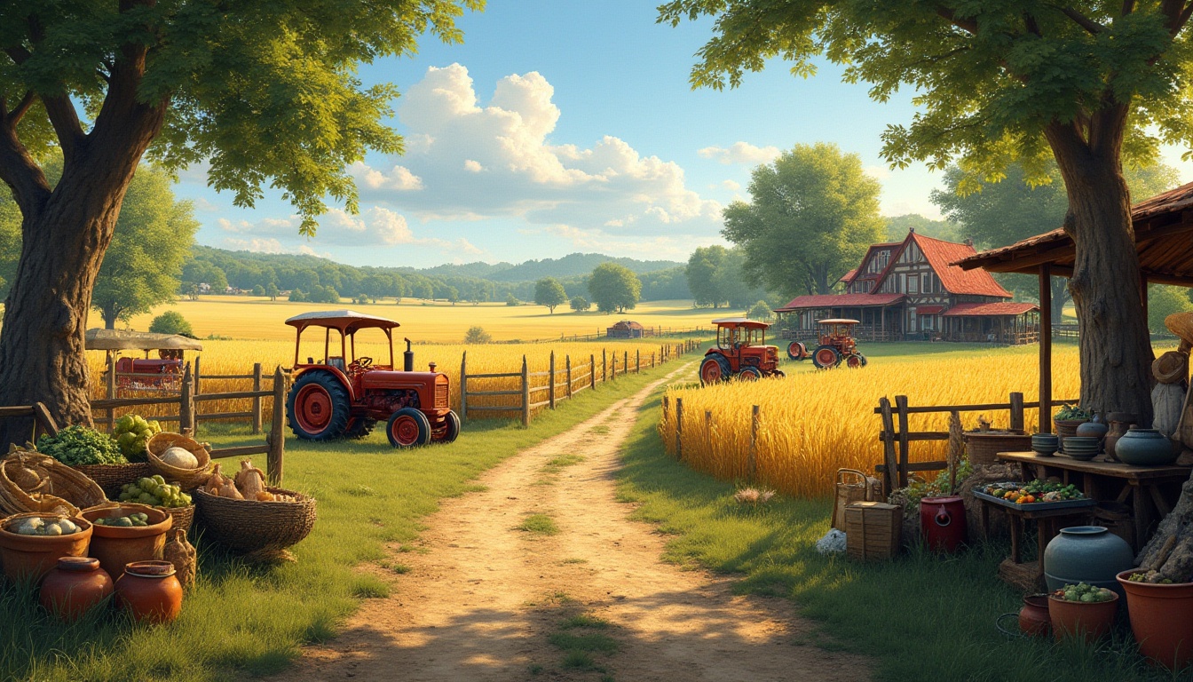 Prompt: Rural farmland setting, golden wheat fields, green pastures, old wooden fences, rusty farm equipment, vintage tractors, farmers' market stalls, wicker baskets, earthenware pots, sunny afternoon, warm soft light, gentle breeze, few puffy white clouds, distant farmhouse with a red roof, lush trees providing shade, worn dirt path leading to the fields, wheelbarrows, gardening tools, straw hats, overalls, and rustic wooden crates.