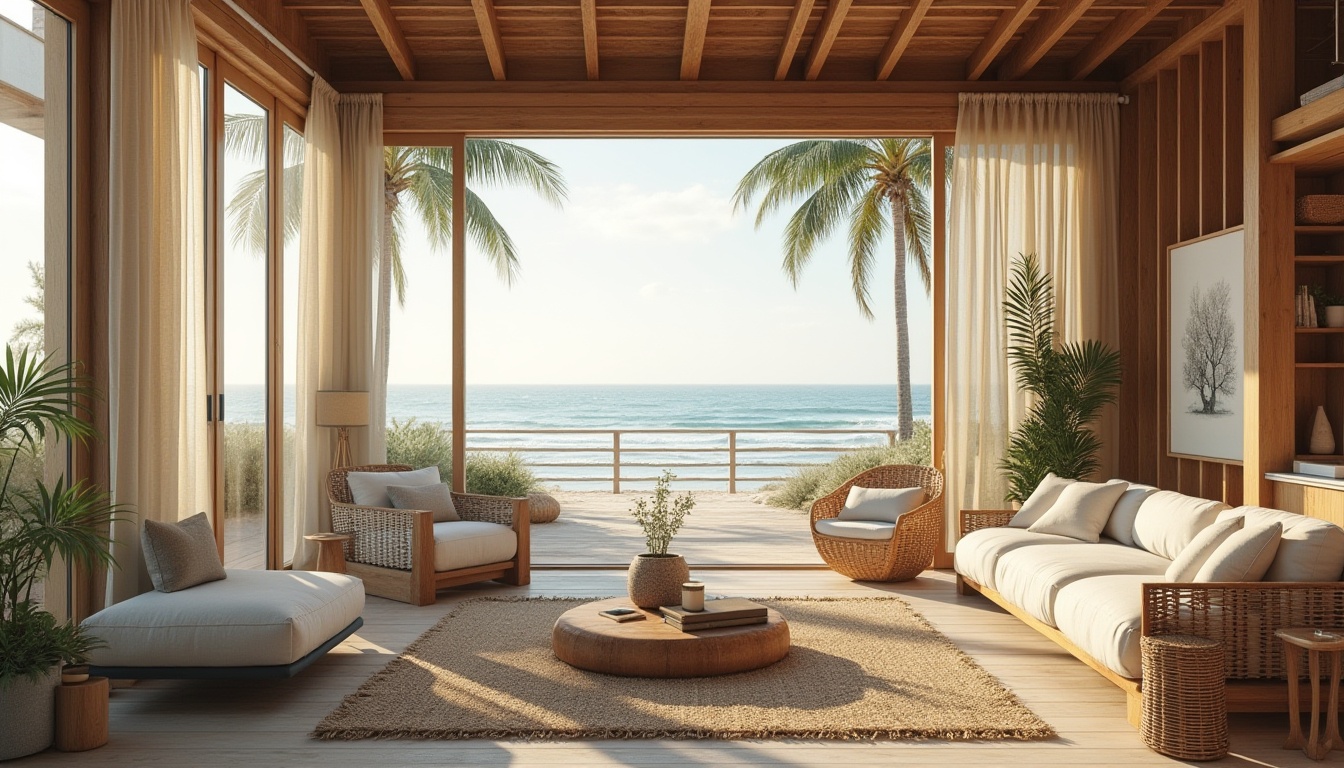 Prompt: Beach loft, vernacular architecture, ocean view, sandy dunes, palm trees swaying, wooden accents, natural materials, rustic charm, cozy atmosphere, large windows, panoramic view, sliding glass doors, open floor plan, high ceiling, wooden beams, nautical decor, driftwood furniture, woven textiles, jute rug, woven wicker chairs, soft pastel colors, calming ambiance, morning sunlight, warm glow, beachy vibe.