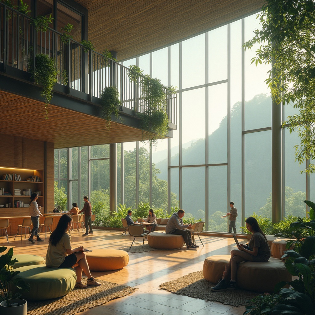 Prompt: Valley-inspired student hall, modern architecture, glass facade, wooden accents, green roof, lush vegetation, natural light pouring in, comfortable lounge areas, cozy reading nooks, minimalist furniture, earthy color palette, plants hanging from ceiling, warm softbox lighting, students relaxing, studying, socializing, panoramic view of surrounding hills, misty morning atmosphere, gentle breeze rustling leaves.