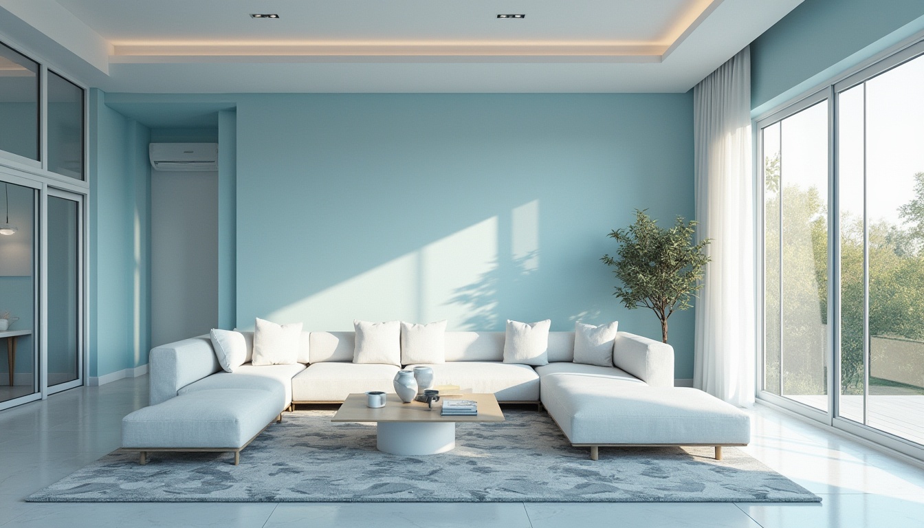 Prompt: Light blue themed house, modern minimalist interior, spacious living room, floor-to-ceiling windows, light blue walls, white furniture, geometric patterned rug, ambient soft lighting, 3/4 composition, warm atmosphere, morning sunlight, gentle shadows, elegant lines, subtle textures, villa setting, garden view, surrounding trees, natural scenery.