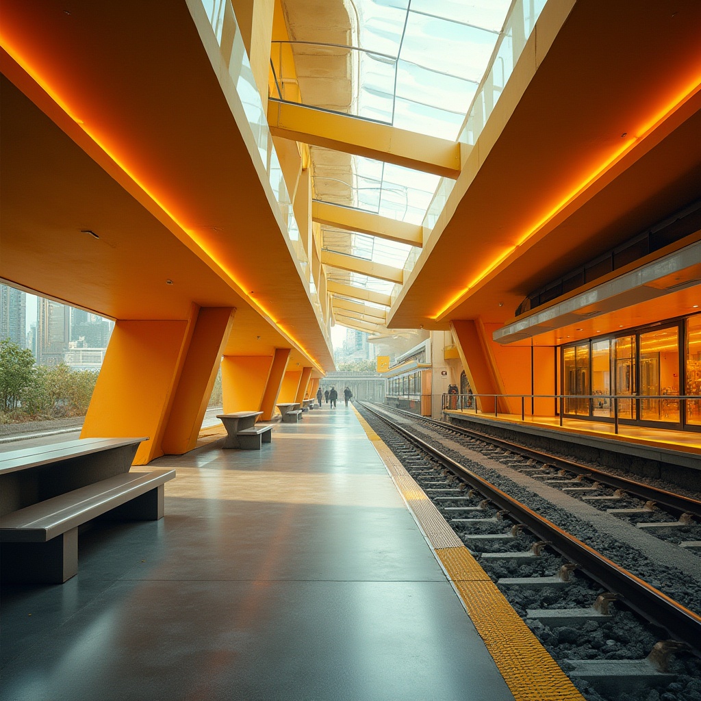 Prompt: Modern tram station, Ocher color theme, sleek architecture, futuristic design, vibrant orange-yellow hues, accent walls, pillars, and railings, polished steel floors, minimalist benches, urban jungle surroundings, cityscape views, abstract geometric patterns on glass facades, natural light pouring in through skylights, angular shadows, dynamic composition, low-angle shot, moody atmosphere, dramatic lighting, futuristic ambiance.