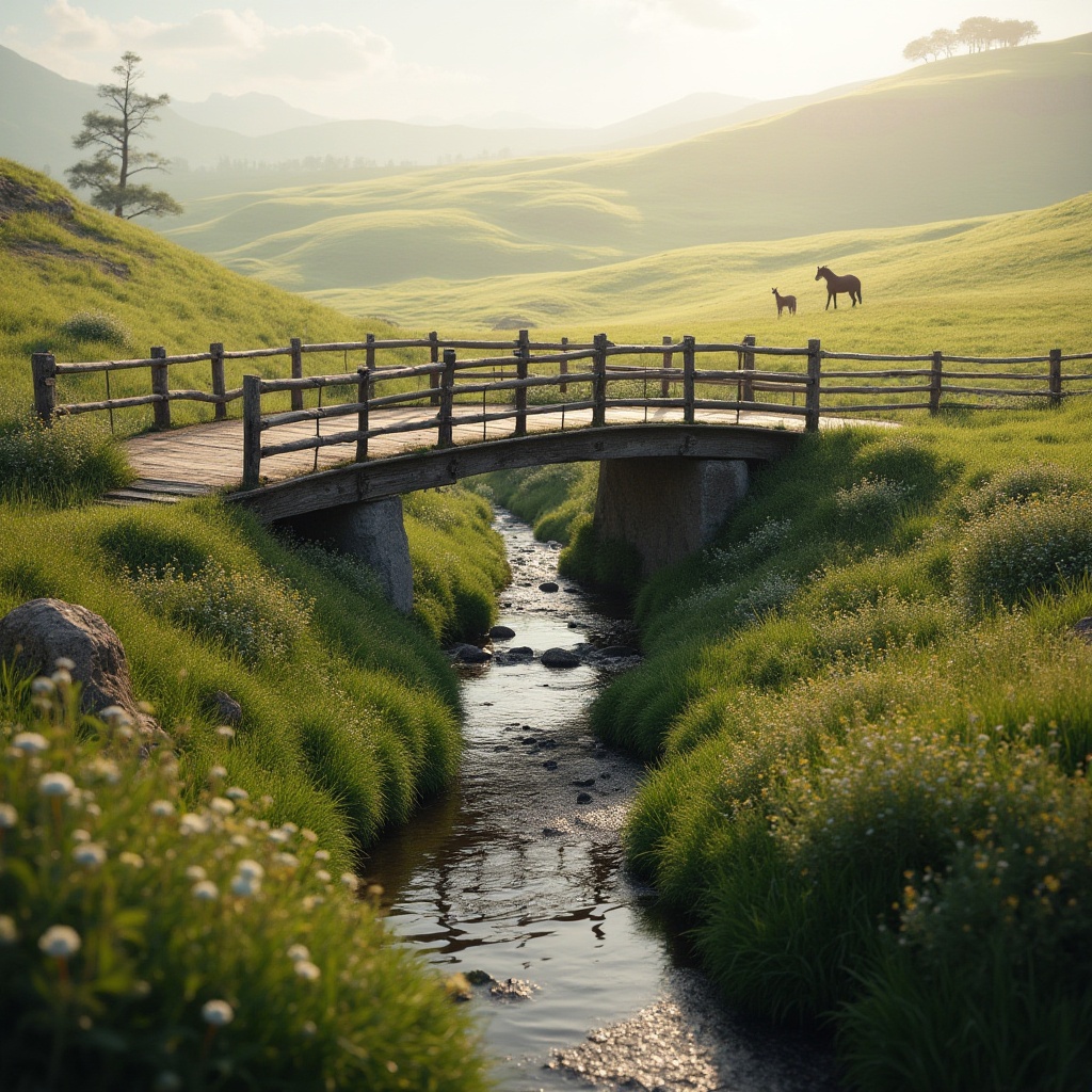 Prompt: Curved bridge, grassland environment, rolling hills, sunny afternoon, warm light, gentle breeze, wildflowers blooming, rustic wooden railings, steel beams, stone pillars, shallow water river flowing underneath, lush greenery surrounding, few horses grazing nearby, distant windmill, soft focus background, cinematic composition, natural colors, realistic textures.