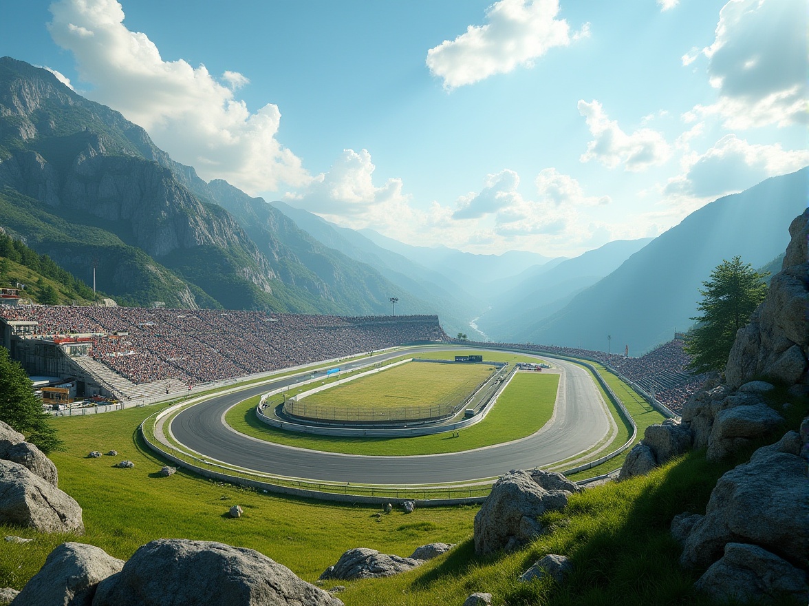 Prompt: Plateau, elevated seating area, spectator zone, grandstand, sports stadium, racing track, mountainous landscape, natural scenery, layered rock formations, lush green grass, scattered trees, gentle slope, panoramic view, distant mountains, clear blue sky, fluffy white clouds, warm sunlight, dramatic shadows, 3/4 composition, cinematic lighting, vivid colors, realistic textures.