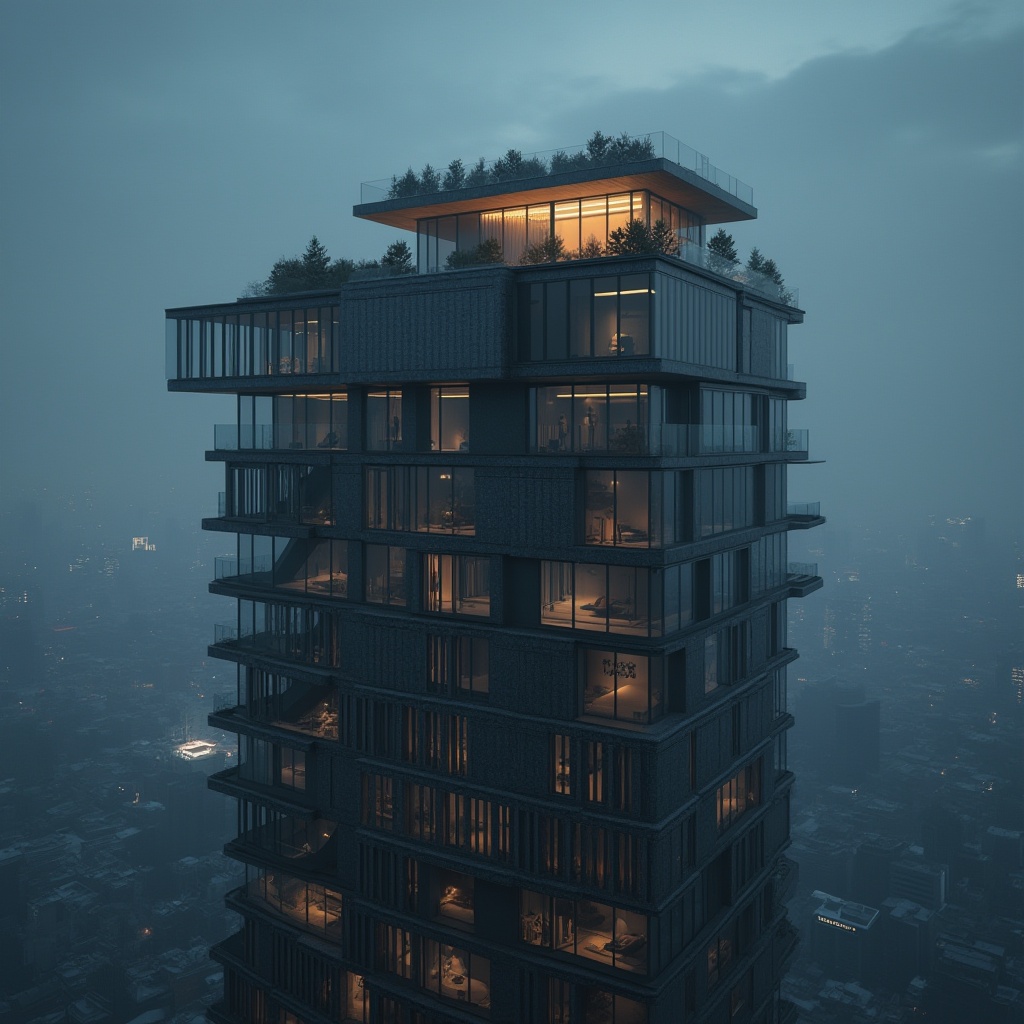 Prompt: Modern skyscraper, watching tower, dark gray stone walls, sleek metal frames, floor-to-ceiling glass windows, intricate LED lighting, rooftop garden, luxurious penthouse, urban cityscape, foggy night atmosphere, dramatic backlight, low-angle shot, cinematic composition, deep depth of field, realistic textures, high-rise architecture, metropolitan vibes.