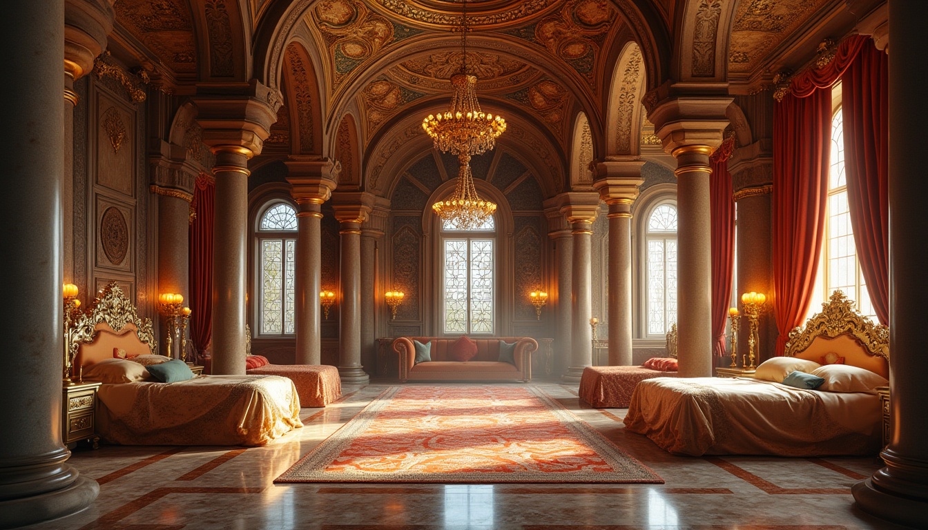 Prompt: Majestic dorm interior, Byzantine style, luxurious atmosphere, intricate mosaics, golden accents, ornate arches, lavish furnishings, velvet drapes, marble floors, grand chandeliers, regal beds, rich tapestries, ornamental pillars, stunning stained glass windows, warm soft lighting, cinematic composition, 3/4 view, detailed textures, realistic rendering.