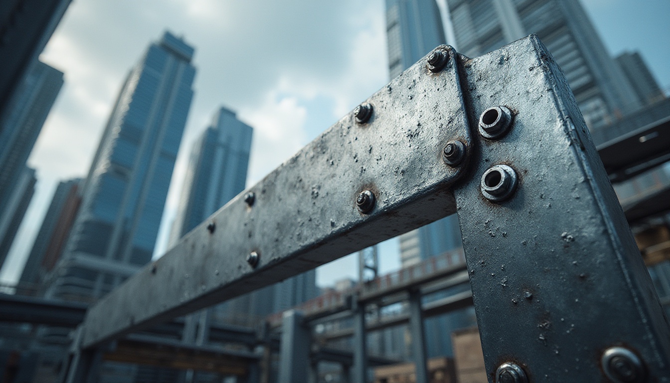 Prompt: Modern galvanized steel, industrial background, metallic texture, silver color, reflective surface, intricate structure, bolts and nuts details, urban cityscape, skyscraper, construction site, cloudy sky, dramatic lighting, low-angle shot, cinematic composition, realistic rendering.