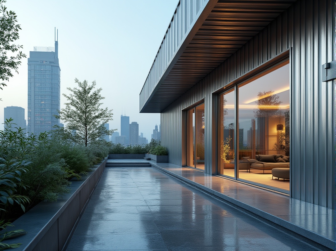 Prompt: Modern architecture, industrial chic, galvanized steel accents, metallic sheen, urban landscape, cityscape, skyscraper, rooftop garden, minimalist decor, sleek lines, corrugated texture, silver color tone, reflective surface, 3/4 composition, low-angle shot, dramatic lighting, high-contrast, urban jungle, concrete jungle.