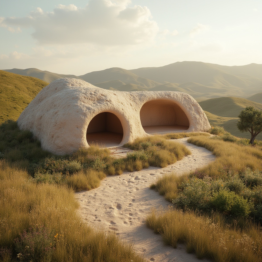 Prompt: Rammed earth material, sustainable design, eco-friendly, natural texture, organic shape, curved lines, earthy color palette, blending with surroundings, seamless integration, outdoor setting, natural landscape, rolling hills, wildflowers, serene atmosphere, warm sunlight, soft shadows, 3/4 composition, panoramic view, ambient light.