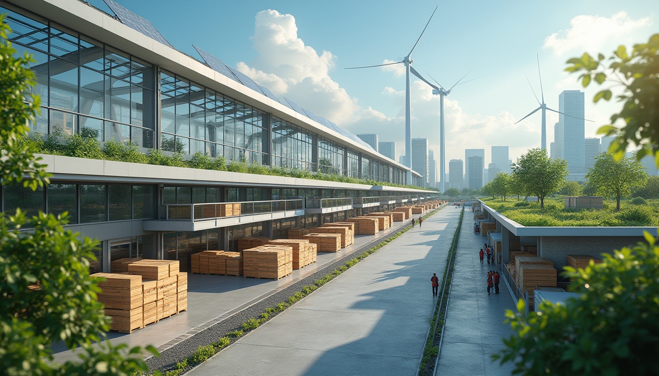 Prompt: Modern sustainable distribution center, international style architecture, green rooftop, solar panels, large wind turbines, recycling facilities, eco-friendly packaging materials, wooden crates, steel shelves, automated conveyor belts, high ceilings with skylights, natural lighting, urban industrial landscape, cityscape background, 3/4 composition, softbox lighting, cinematic mood.