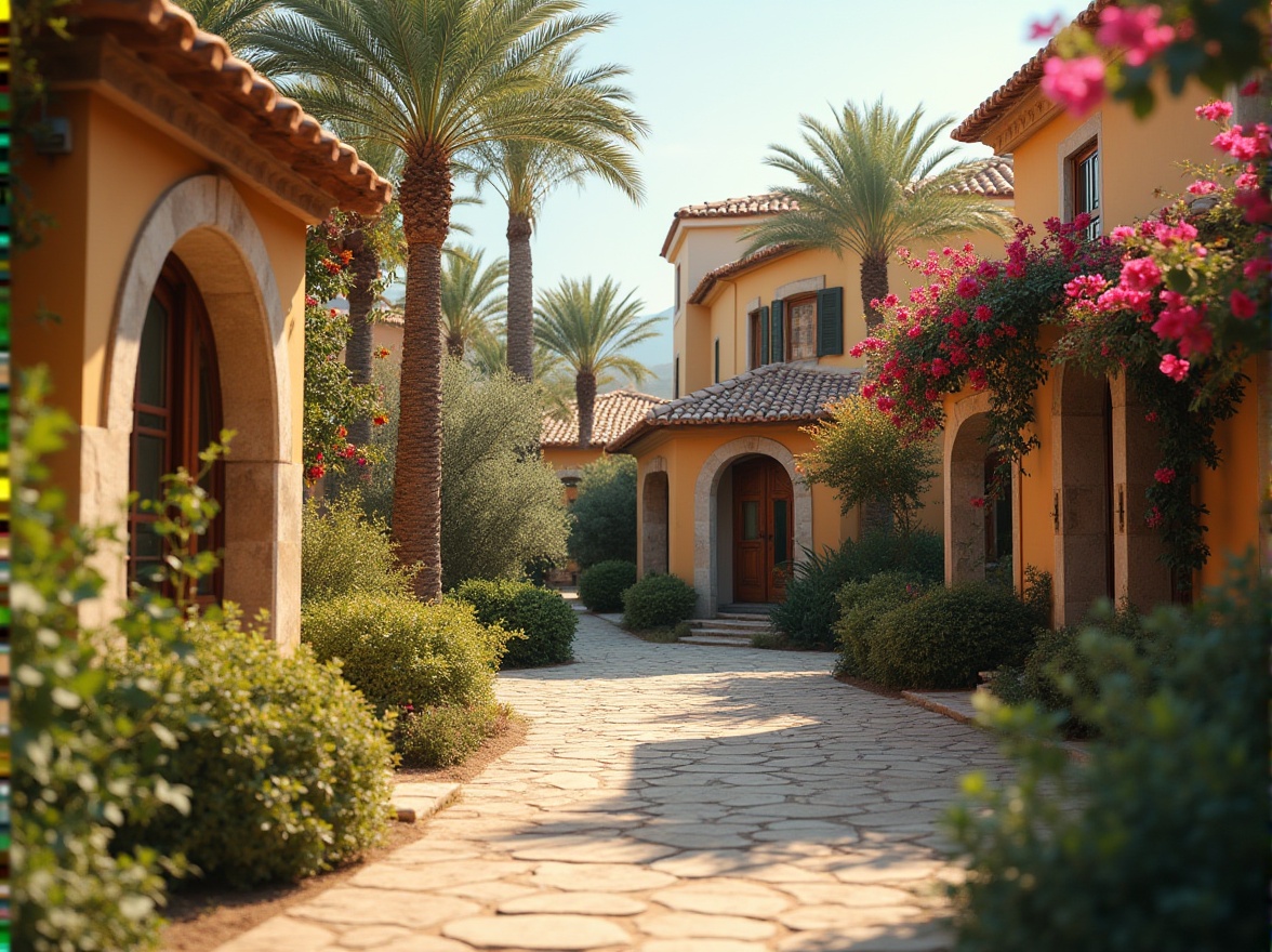 Prompt: Residential area, regionalism style, Mediterranean architecture, earthy tone, terracotta roof tiles, curved lines, ornate wooden doors, stone walls, lush greenery, palm trees, olive trees, flower beds, vibrant bougainvillea, warm sunlight, 3/4 composition, soft focus, cinematic mood, depth of field, atmospheric perspective.