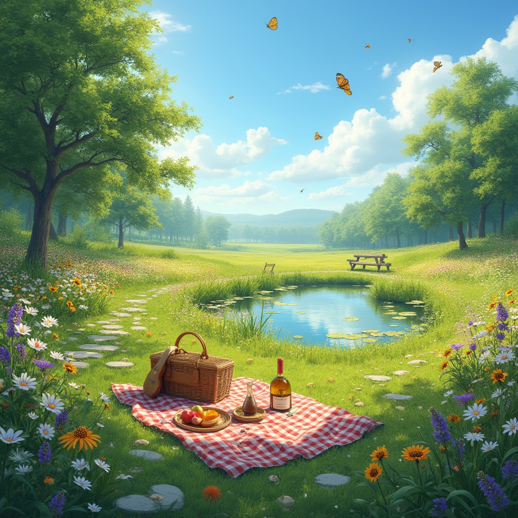 Prompt: Vibrant meadow, sunny day, clear blue sky with few white clouds, lush green grass, colorful wildflowers blooming, daisies, sunflowers, and lavender, butterflies fluttering, bees buzzing, gentle breeze rustling leaves, serene atmosphere, warm soft lighting, shallow depth of field, a winding stone path, wooden benches, a small pond reflecting the surroundings, water lilies floating, a few trees providing shade, a picnic blanket spread out, wicker basket, fruit and wine, a guitar lying nearby, peaceful composition, cinematic scenery, natural colors, idyllic ambiance.