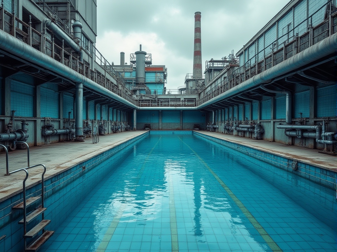 Prompt: Industrial swimming pool, rectangular shape, 25 meters length, 12 meters width, 2 meters depth, blue tiles, stainless steel ladder, manual pool cover, industrial pipes, valves, pumps, concrete flooring, metal fencing, urban background, factory buildings, smokestacks, cloudy sky, realistic texture, detailed machinery, dramatic lighting, cinematic composition.