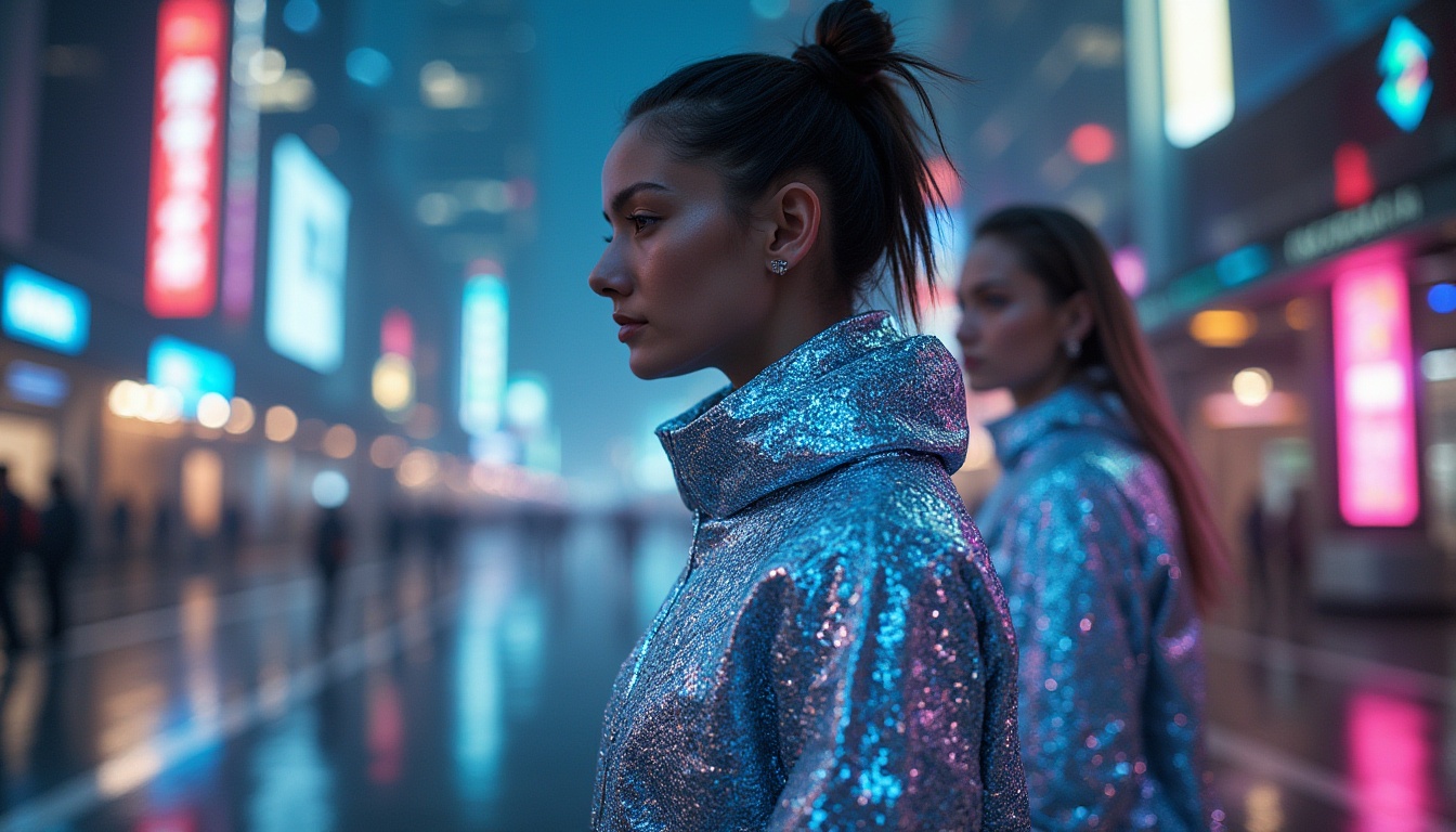 Prompt: Futuristic fabric design, high-tech style, metallic silver threads, iridescent sheen, holographic patterns, neon-lit cityscape background, sleek models, robotic poses, LED lights, circuit board textures, 3D printed accessories, futuristic architecture, sci-fi atmosphere, low-angle shot, dramatic lighting, cyberpunk theme.