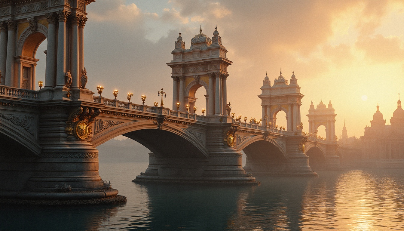 Prompt: Baroque bridge, grandiose, ornate, curved lines, intricate stone carvings, dramatic arches, sweeping staircases, elegant balustrades, lavish ornaments, golden accents, majestic pillars, riverside, sunset time, warm soft lighting, misty atmosphere, water reflections, subtle ripples, distant cityscape, cinematic composition, 3/4 view, low-angle shot, historical fiction ambiance.