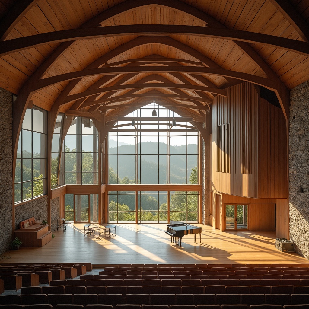 Prompt: Rustic performing arts center, wooden exterior, curved roof, natural stone walls, large glass windows, steel beams, modern minimalist interior, auditorium with tiered seating, wooden floors, spotlights, stage curtains, grand piano, music stands, empty chairs, subtle warm lighting, afternoon sunlight streaming through windows, soft shadows on walls, close-up of wooden textures, panoramic view of the center's surroundings, lush greenery, rolling hills, misty atmosphere, serene ambiance, 3/4 composition, shallow depth of field.