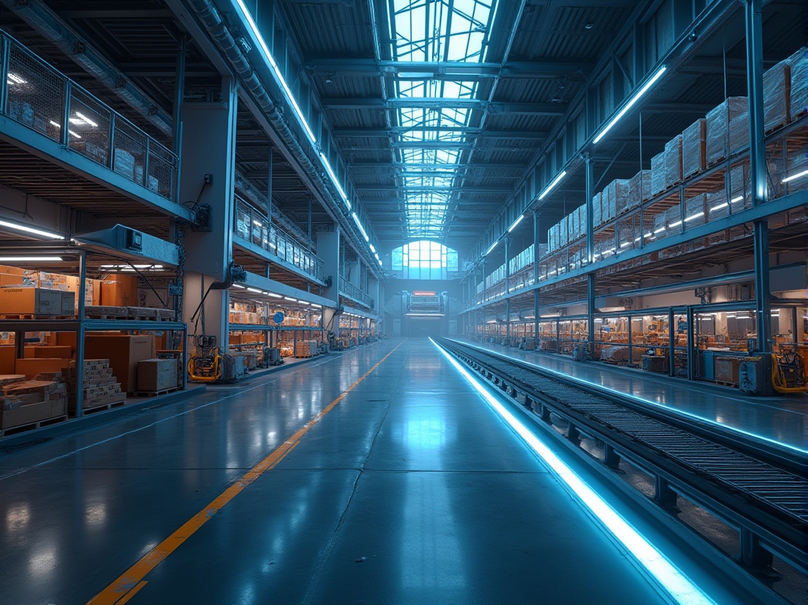 Prompt: Modern futuristic distribution center, sleek lines, metallic materials, neon lights, automated robots, conveyor belts, towering shelves, futuristic warehouse, high-tech gadgets, minimalist interior design, angular architecture, urban cityscape, dusk lighting, moody atmosphere, 3/4 composition, shallow depth of field.