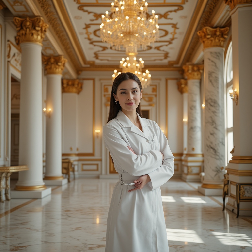 Prompt: Dental clinic, Classicism style, elegant marble floors, ornate gold-plated decorations, luxurious wooden panels, intricate carvings, symmetrical composition, soft warm lighting, subtle shadows, dentist in white coat, gentle smile, classic hairstyle, minimal makeup, standing with confidence, holding dental instrument, majestic pillars, high ceiling, grand chandelier, quiet atmosphere, serene background, natural colors, realistic texture, cinematic angle, 3/4 composition, close-up of dental equipment.