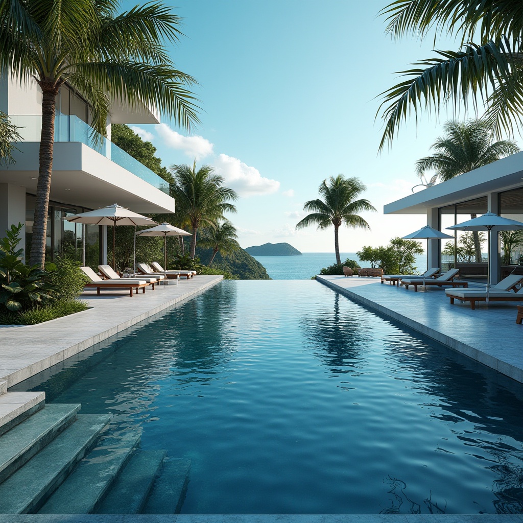 Prompt: Dark cyan pool, luxurious villa, tropical plants, palm trees, sunny day, bright blue sky, calm water surface, subtle ripples, modern outdoor furniture, lounge chairs, umbrellas, marble flooring, stairs leading to the pool, dark cyan tiles, glass fencing, chrome railings, reflections on the water, 3/4 composition, soft focus background, warm ambient lighting.