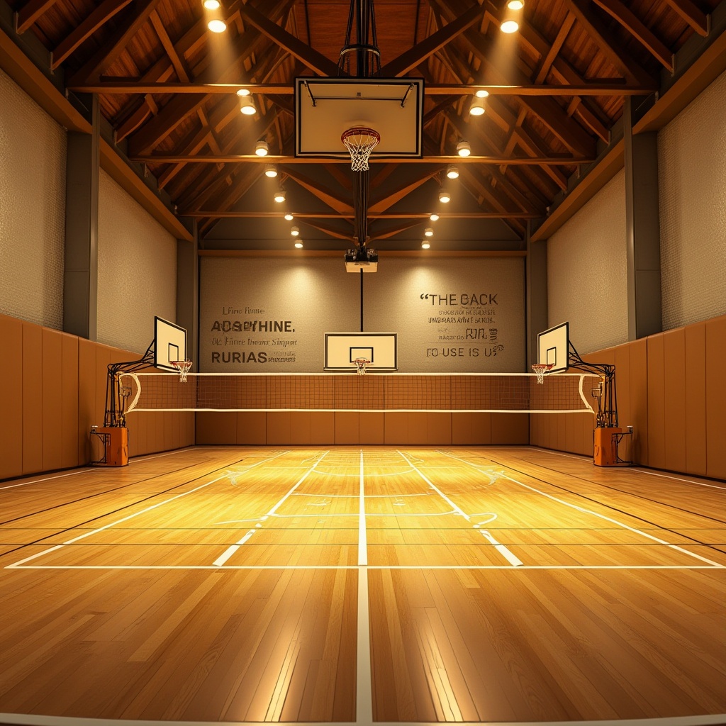 Prompt: Gymnasium interior design, golden color theme, warm ambiance, wooden floorboards, metallic accents, spotlights, athletic equipment, basketball hoops, volleyball nets, motivational quotes on walls, energetic atmosphere, dynamic composition, low-angle shot, softbox lighting, modern architecture, minimalist style, clean lines, bold typography, inspirational background, youthful vibe, fitness enthusiasts, sweat-dripping athletes, intense workout session.