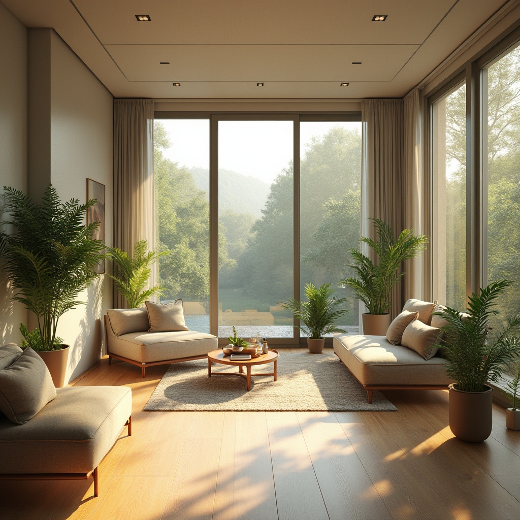 Prompt: Functional residential space, modern villa, cozy living room, large windows, natural light, wooden floor, minimalist furniture, greenery, potted plants, decorative vases, warm color scheme, 3/4 composition, soft focus, warm ambient lighting, afternoon sun, relaxed atmosphere, empty space for imagination.