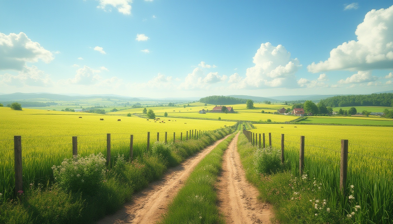 Prompt: Rural farmland setting, sunny afternoon, vast open fields, green wheat swaying gently in the breeze, tractor tracks leading to a distant farmhouse, rustic wooden fence, wildflowers blooming along the edges, a few cows grazing peacefully, a worn dirt path winding through the fields, blue sky with puffy white clouds, warm natural lighting, cinematic composition, depth of field, realistic textures.