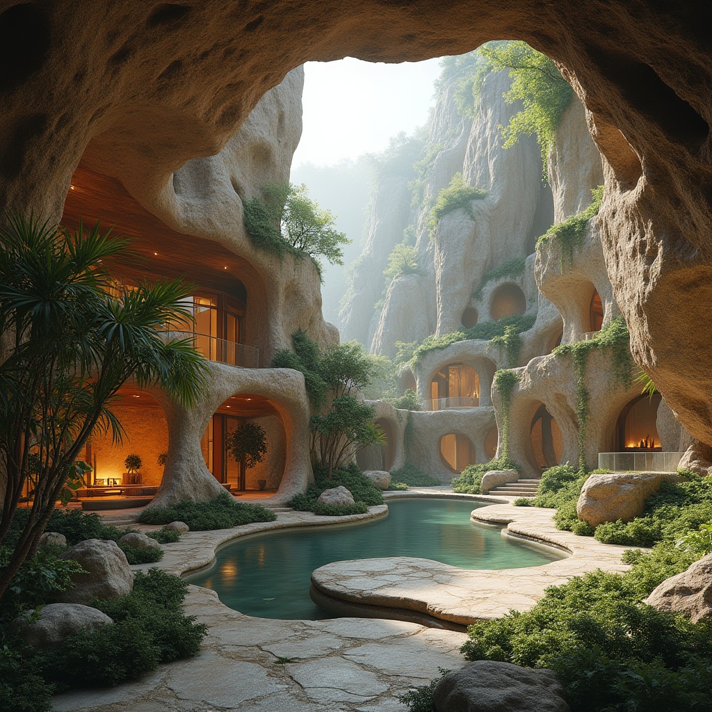 Prompt: Canyon-inspired architecture, merging nature with modern design, grand scale, majestic, intricate stone carvings, natural materials, wooden accents, curved lines, organic shapes, harmonious blend of indoor and outdoor spaces, lush greenery, vines crawling up walls, water features, misty atmosphere, soft warm lighting, warm earth tones, rustic textures, natural rock formations, panoramic views, dramatic archways, grand entrance, serene ambiance.