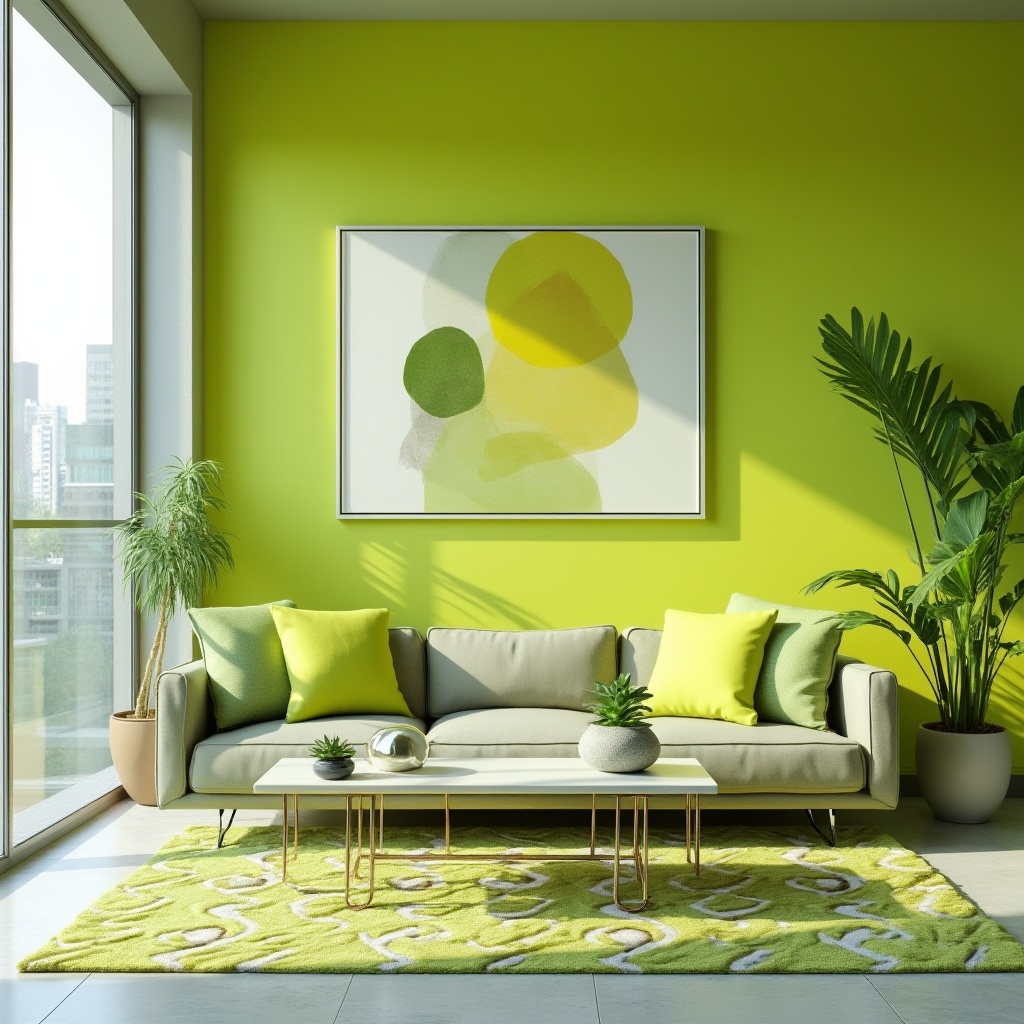 Prompt: Vibrant lime green accent wall, modern minimalist interior, sleek low-profile couch, matching lime green throw pillows, geometric patterned rug, floor-to-ceiling windows, natural light pouring in, urban cityscape view, trendy coffee table with metal legs, decorative succulent plants, abstract artwork featuring lime hues, 3/4 composition, shallow depth of field, bright and airy atmosphere, HDR.