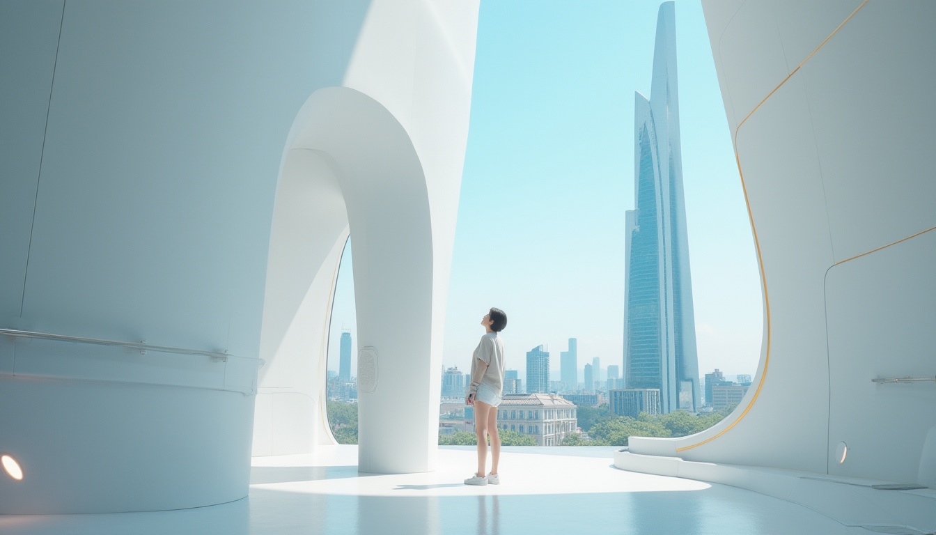 Prompt: Modern architectural interior, futuristic design, plasticrete material, white walls, sleek lines, minimalist decor, LED lighting, metallic accents, solo female figure, 25yo, short hair, casual wear, standing, looking up, fascinated expression, urban cityscape background, skyscraper, blue sky, sunny day, dramatic shadows, low angle shot, cinematic composition, high contrast, vibrant colors.