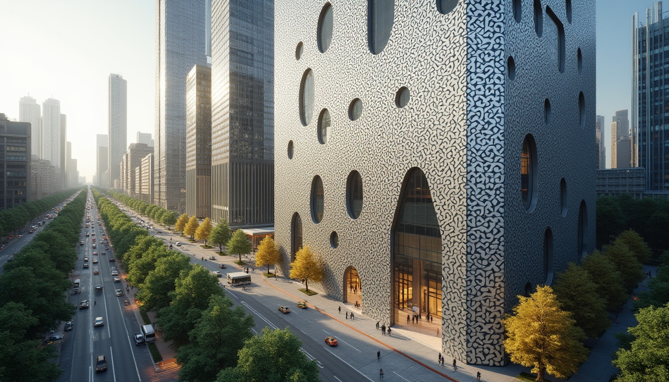 Prompt: Urban design, modern cityscape, perforated metal material, building facade, intricate pattern, geometric shapes, silver-gray color, reflective surface, natural light filtering, greenery surrounding, skyscraper, commercial district, busy streets, pedestrians walking, city noise ambiance, high-angle shot, dramatic lighting, futuristic atmosphere.