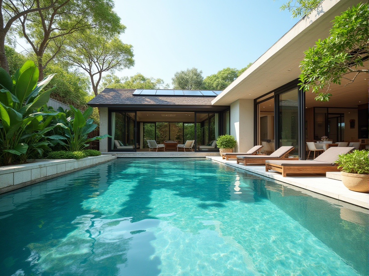 Prompt: Eco-friendly swimming pool, modern villa, tropical backyard, sunny day, clear blue water, saltwater system, energy-efficient pumps, solar panels on roof, greenery surroundings, lush plants, natural stone deck, wooden lounge chairs, minimalist design, recycled materials, earthy tones, serene atmosphere, gentle ripples, soft natural lighting, warm ambiance.