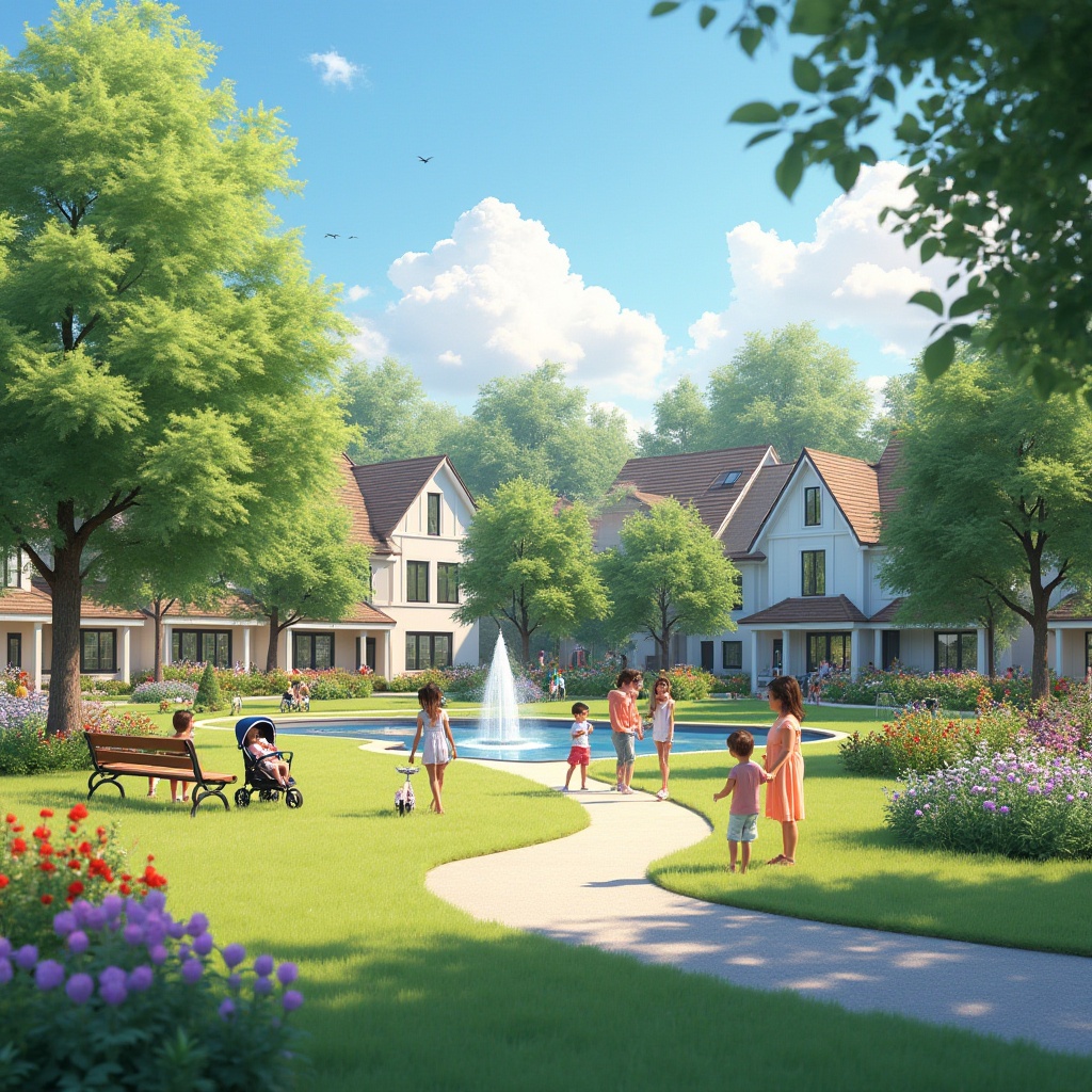 Prompt: Suburban setting, residential area, sunny afternoon, clear blue sky, few white clouds, tranquil atmosphere, community park, lush green grass, colorful blooming flowers, walking path, wooden benches, children playing, laughing, mothers watching, strollers, bicycles, trees providing shade, birds singing, water fountain, modern suburban houses, sloping roofs, large windows, cozy porches, warm lighting, 3/4 composition, soft focus on background, vibrant colors, shallow depth of field.