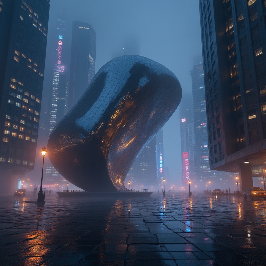 Prompt: Modern design, futuristic architecture, Plasticrete material, shiny reflective surface, irregular shape, abstract structure, urban cityscape, night scene, neon lights, foggy atmosphere, misty ambiance, dark tone, mysterious mood, dramatic lighting, low-angle shot, wide composition, high contrast, vibrant color palette.